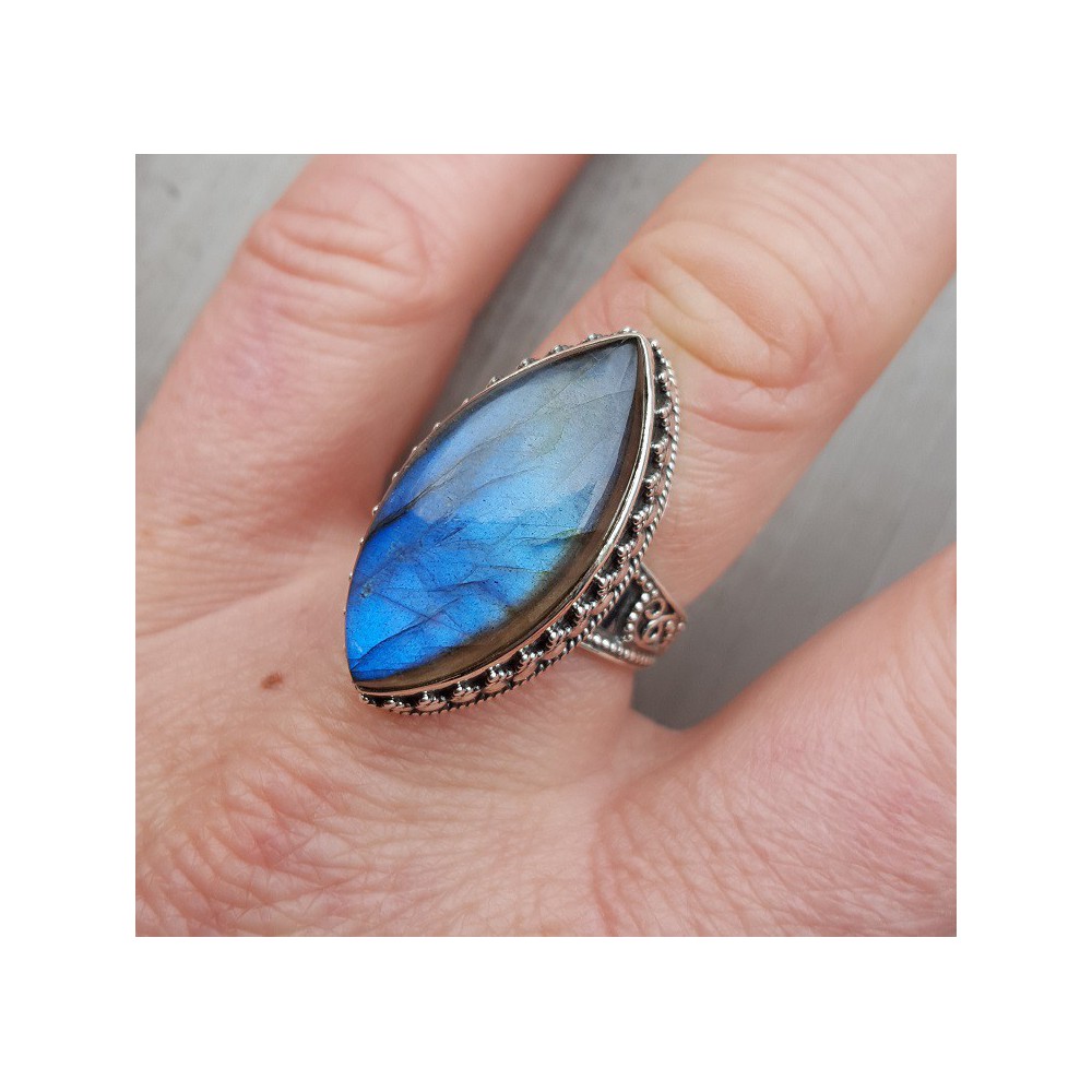 Silver ring with marquise Labradorite edited setting 19 mm