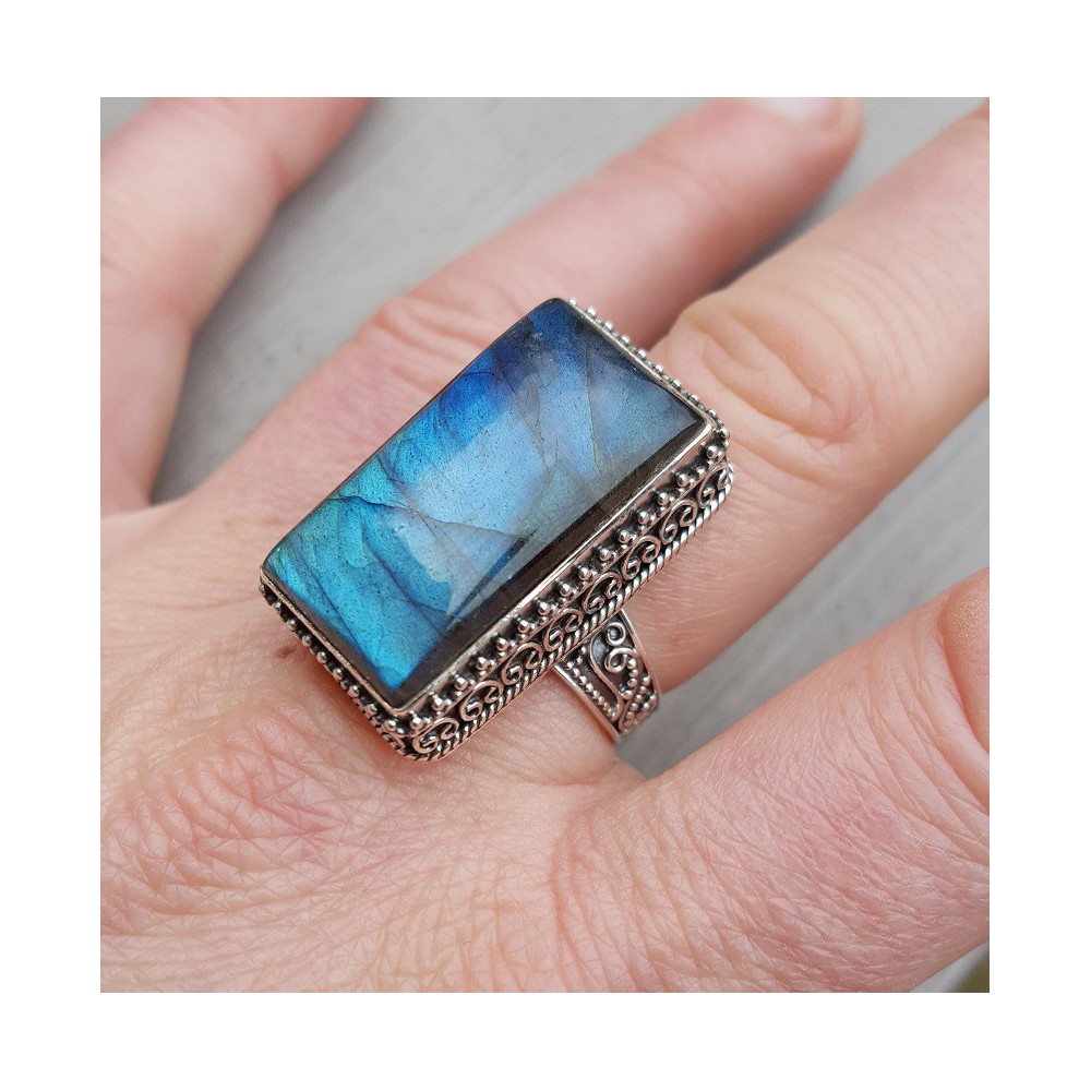 Silver ring with rectangular Labradorite in edited setting 19 mm