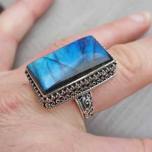 Silver ring with rectangular Labradorite in edited setting 19 mm