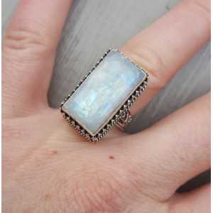 Silver ring with rectangular Moonstone, in processed setting 16.5