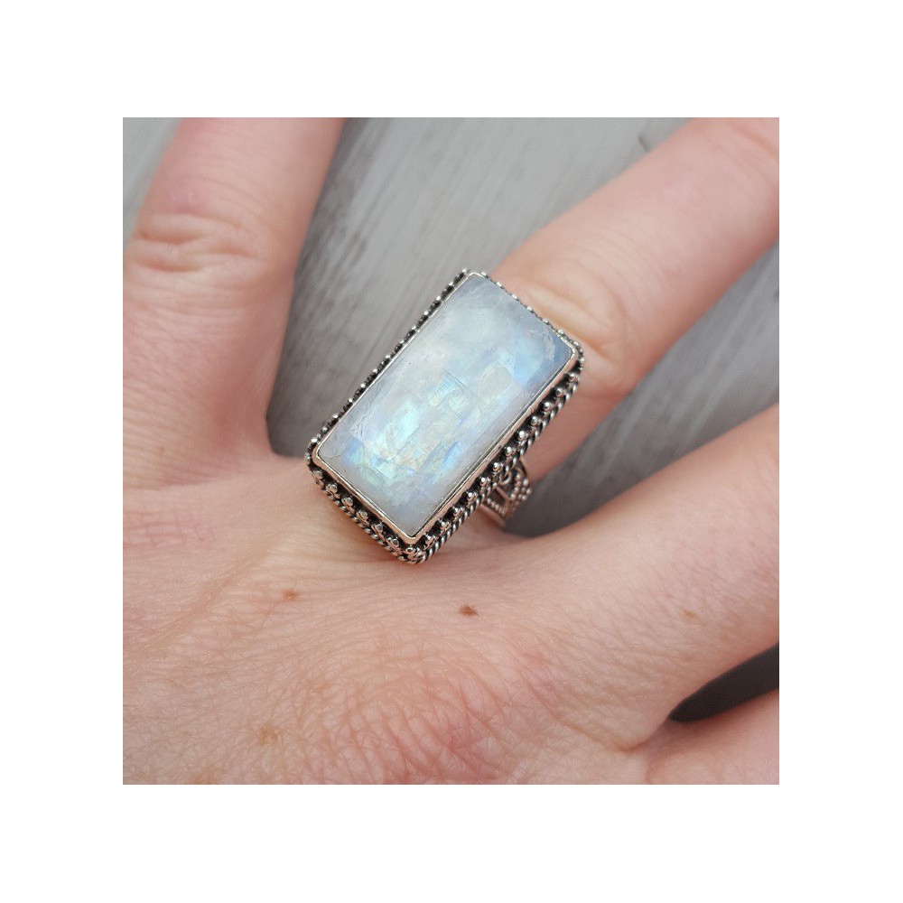 Silver ring with rectangular Moonstone, in processed setting 16.5