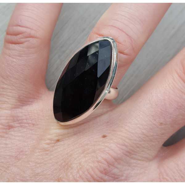 Silver ring set with marquise facet Onyx 17.5 mm