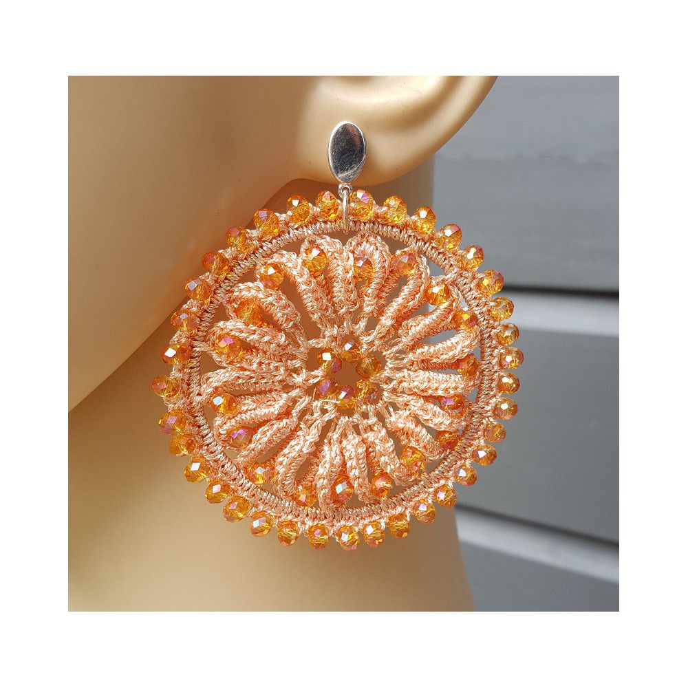 Silver earrings amber round pendant of silk thread and crystals