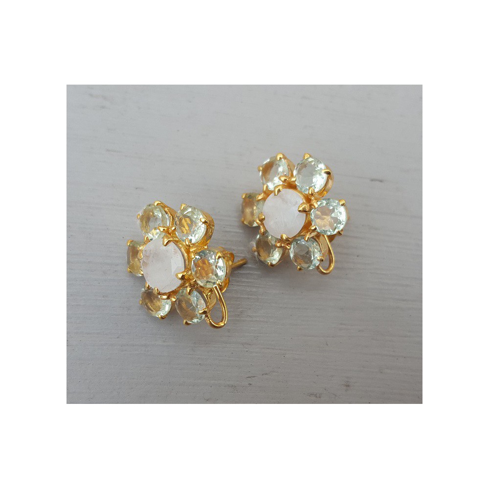 Goud vergulde oorknoppen met groene Amethist en Maansteen