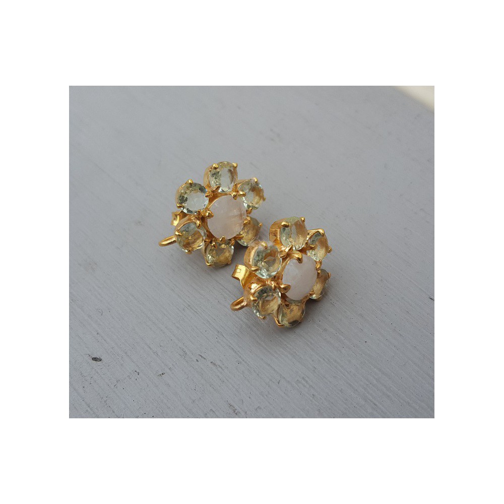 Goud vergulde oorknoppen met groene Amethist en Maansteen