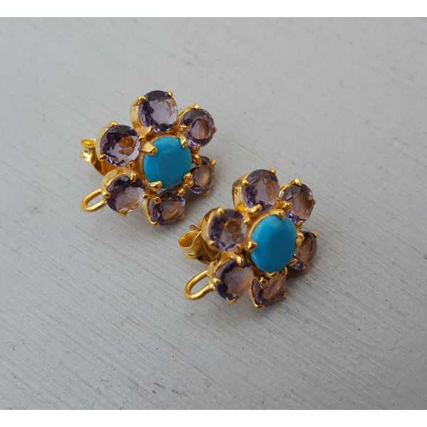 Gold plated oorknoppen with Turquoise and Amethyst