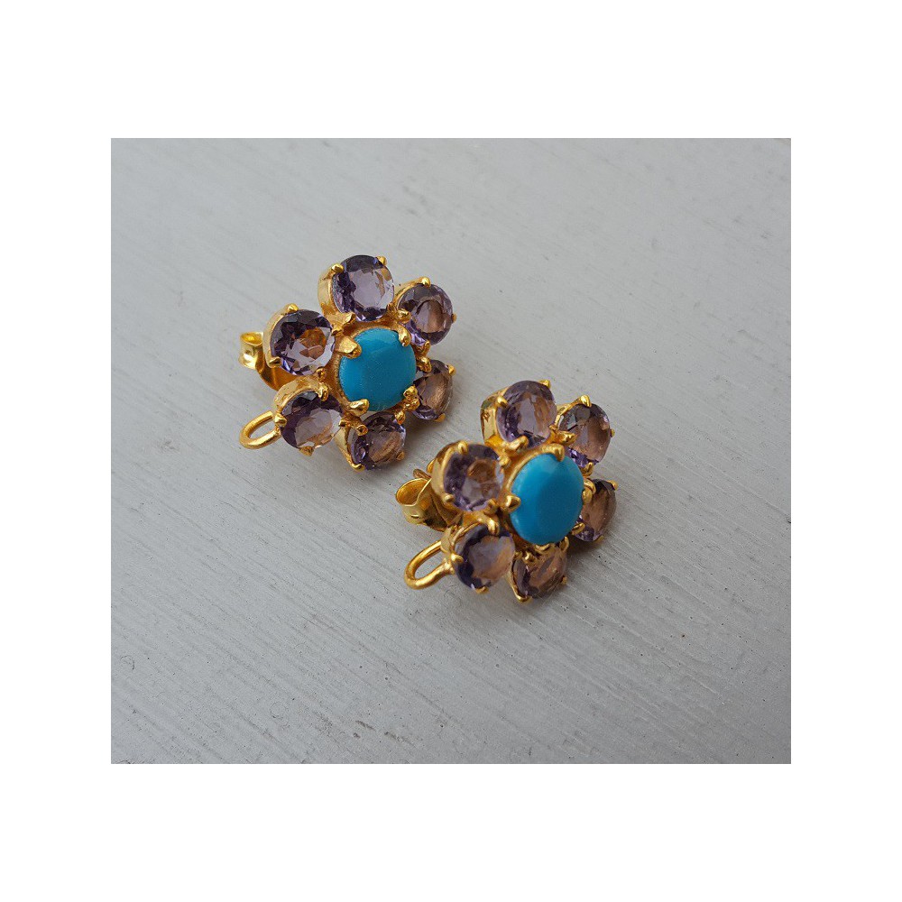 Goud vergulde oorknoppen met Turkoois en Amethist