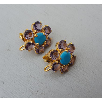 Goud vergulde oorknoppen met Turkoois en Amethist