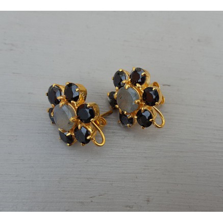 Goud vergulde oorknoppen met Labradoriet en zwarte Onyx