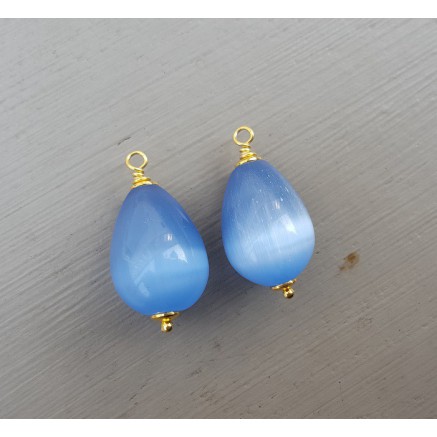 Goud vergulde losse hanger set met blauwe Kattenoog