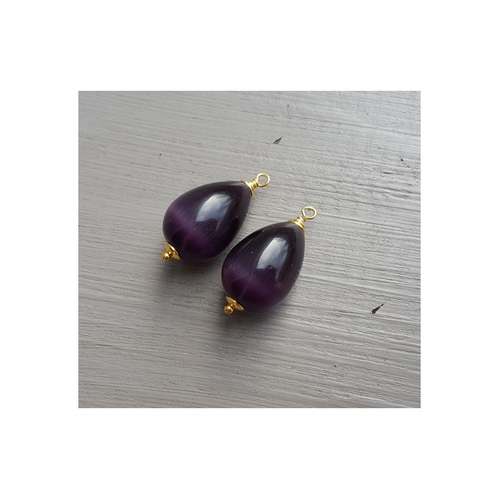 Goud vergulde losse hanger set met paarse Kattenoog