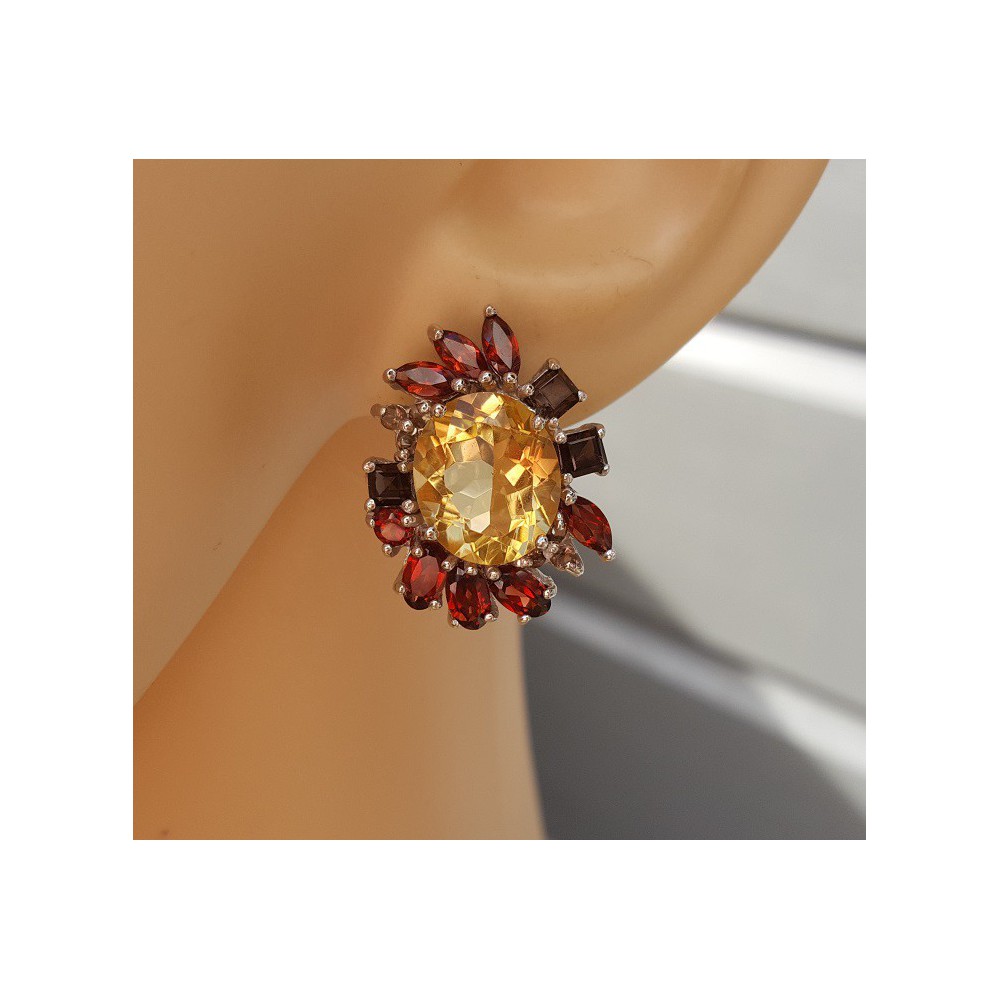 Silver earrings with Citrine, Garnet and Smokey Topaz