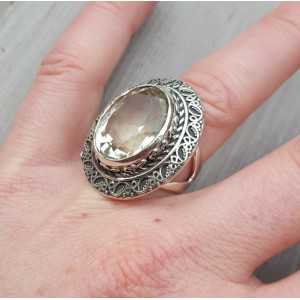 Silver ring with green Amethyst and carved head 17.5 mm