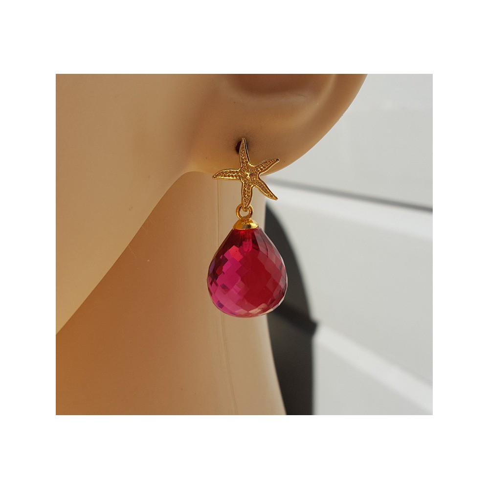 Earrings with starfish and pink Tourmaline quartz briolet 