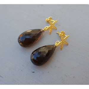 Gold plated earrings with small Smokey Topaz briolet