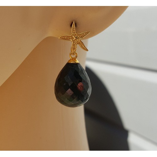 Oorbellen met zeester en Emerald briolet 