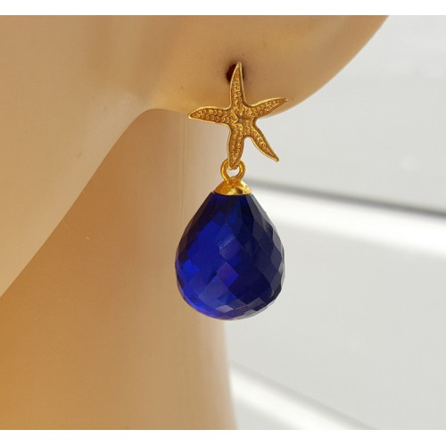 Oorbellen met zeester en Saffier blauwe quartz briolet 