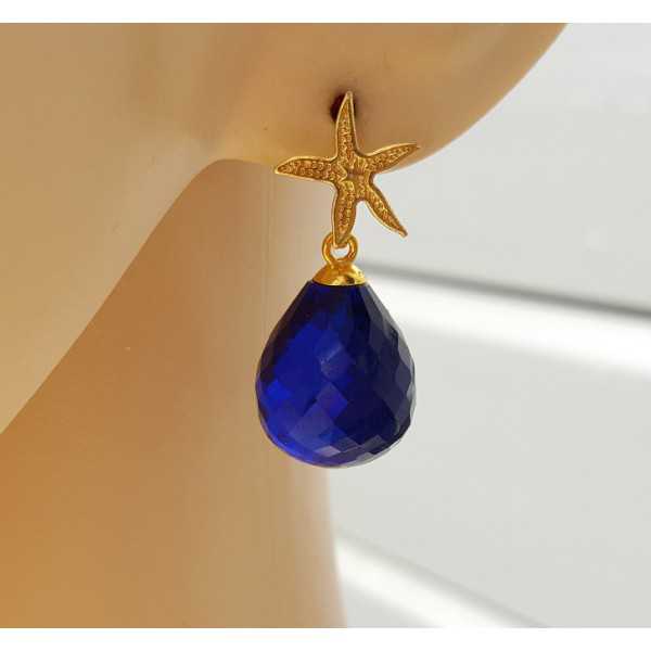 Earrings with starfish and Sapphire blue quartz briolet 