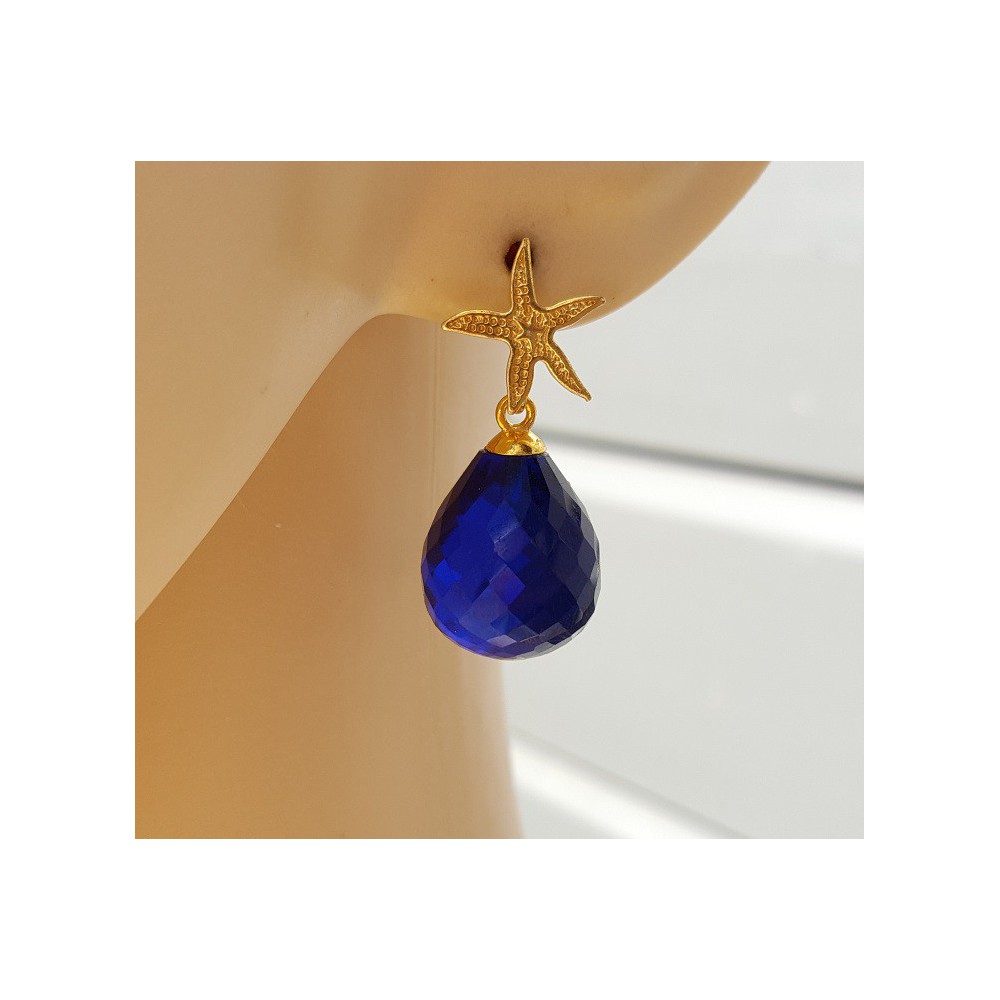 Earrings with starfish and Sapphire blue quartz briolet 