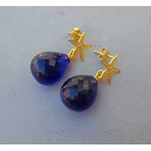 Earrings with starfish and Sapphire blue quartz briolet 