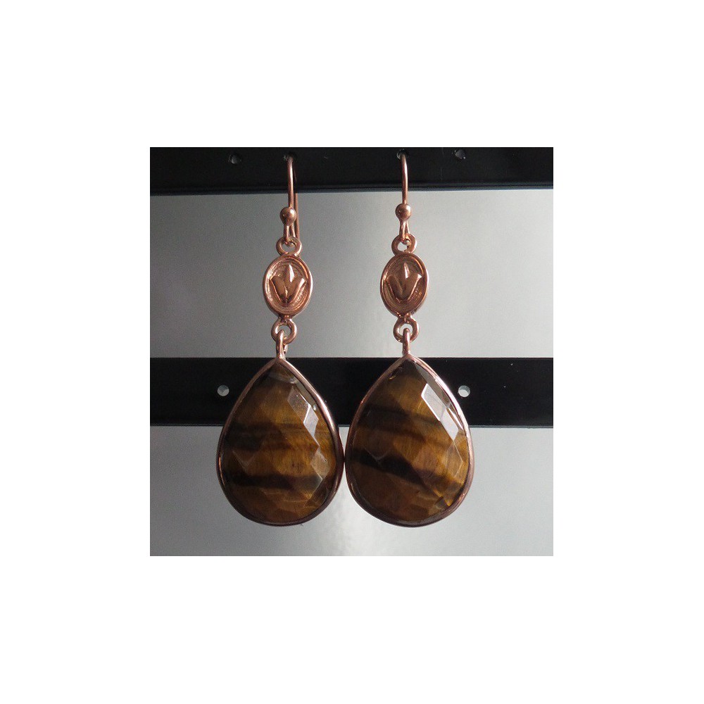 Gold plated earrings made with oval shape faceted tiger's eye 