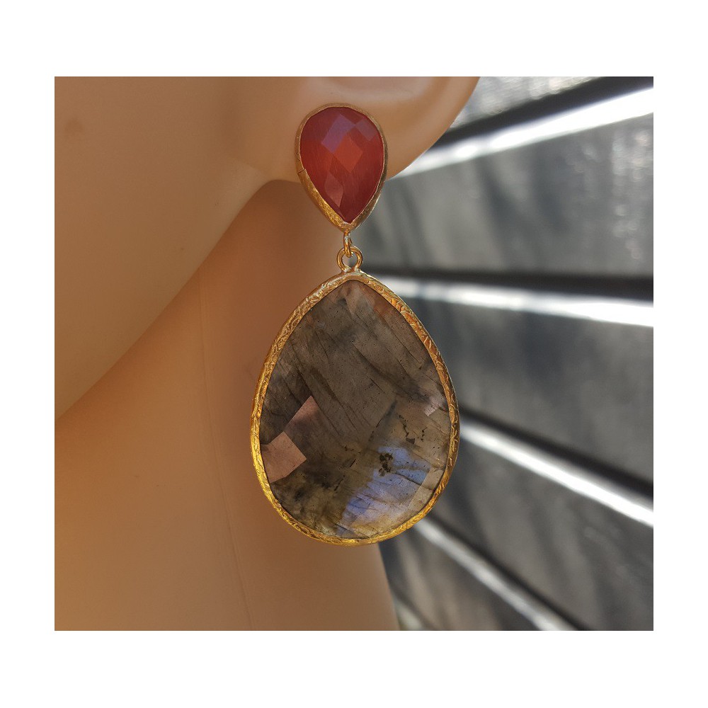 Gold plated earrings with orange cats eye and Labradorite