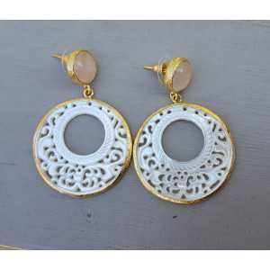 Gold plated earrings with rose quartz and carved mother-of-Pearl
