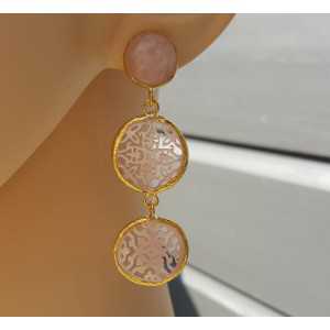 Gold plated earrings with rose quartz and light pink carved mother of Pearl