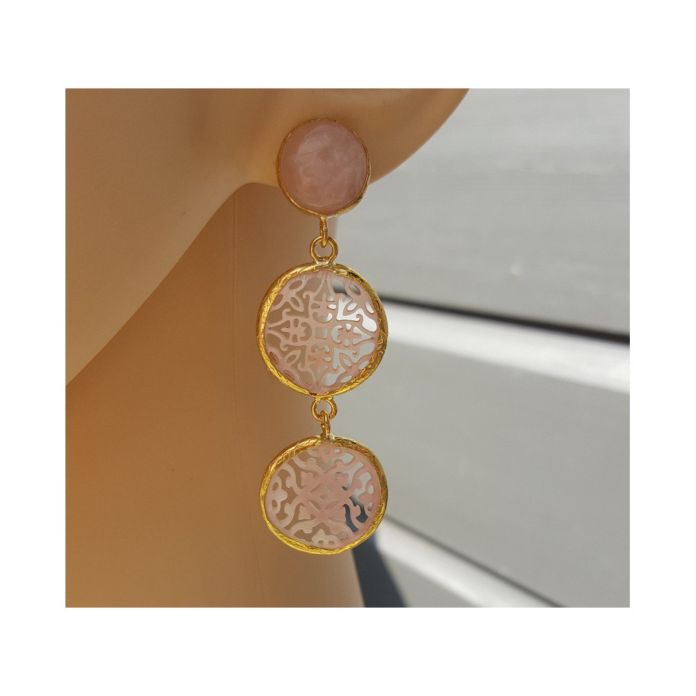 Gold plated earrings with rose quartz and light pink carved mother of Pearl