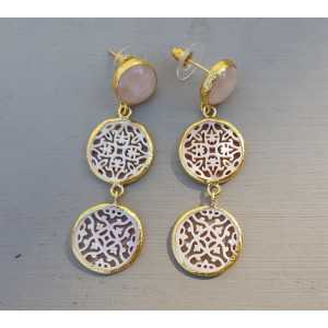 Gold plated earrings with rose quartz and light pink carved mother of Pearl