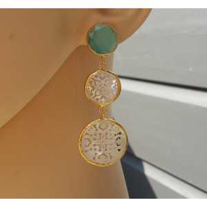 Gold plated earrings with cat's eye and carved mother-of-Pearl