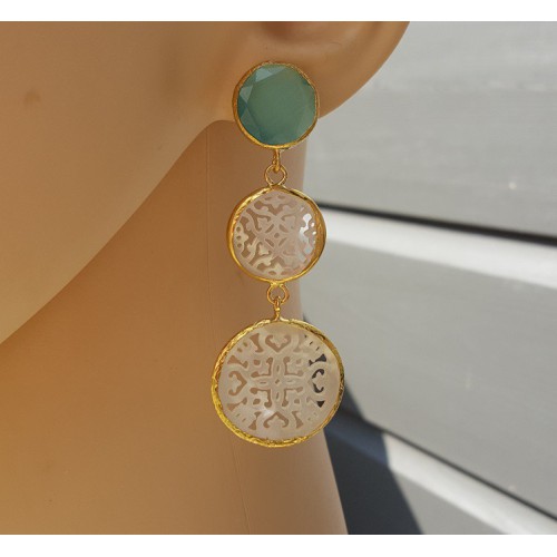 Vergulde oorbellen met Kattenoog en uitgesneden Parelmoer