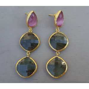 Gold plated earrings with Labradorite and purple/pink cat's eye