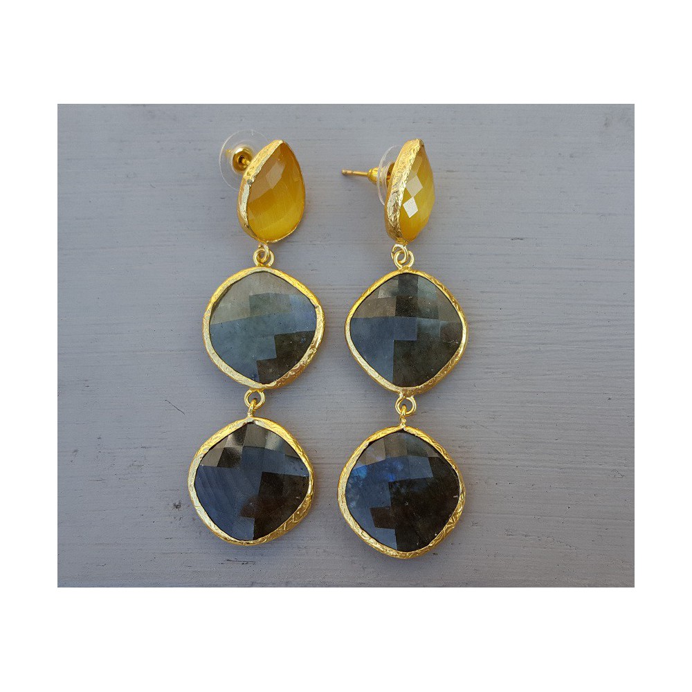 Gold plated earrings with Labradorite and yellow cat's eye