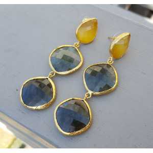 Gold plated earrings with Labradorite and yellow cat's eye