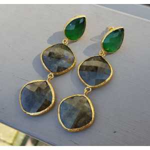 Gold plated earrings with Labradorite and green cats eye