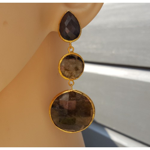 Vergulde oorbellen met Labradoriet en grijze Kattenoog