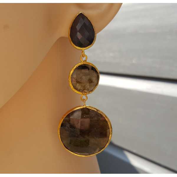 Gold plated earrings with Labradorite and grey cat's eye