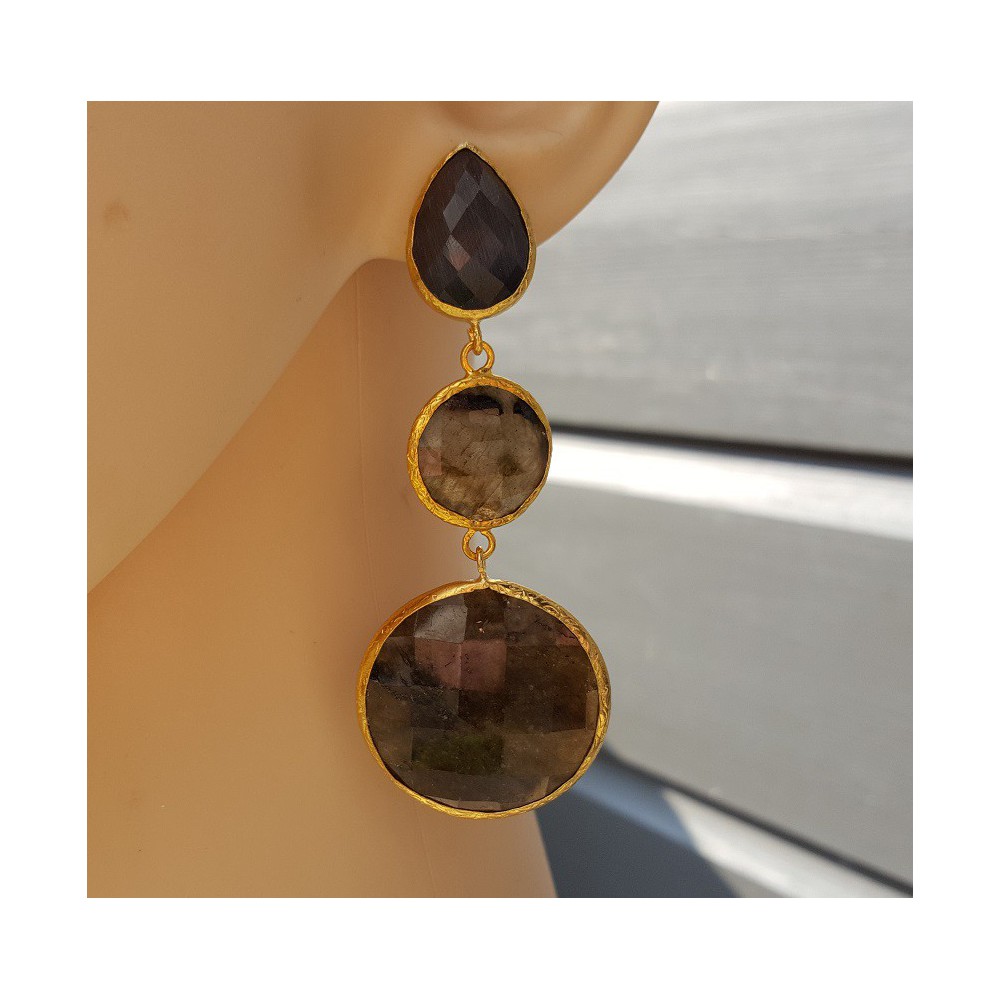 Gold plated earrings with Labradorite and grey cat's eye