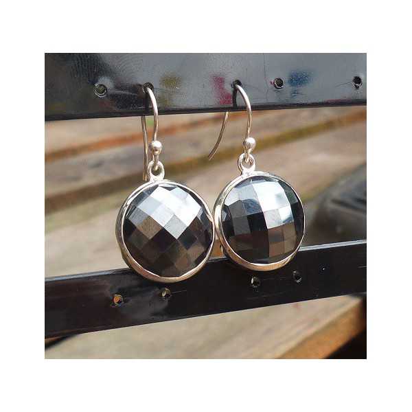 Silver earrings set with round faceted Hematite 
