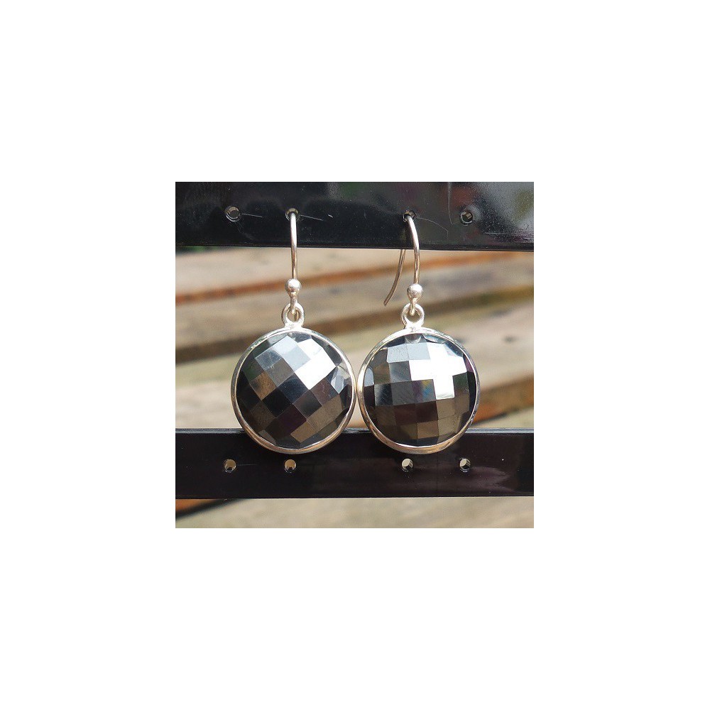 Silver earrings set with round faceted Hematite 