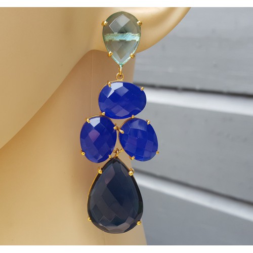 Vergulde oorbellen met Topaas, Chalcedoon en Saffier blauwe quartz