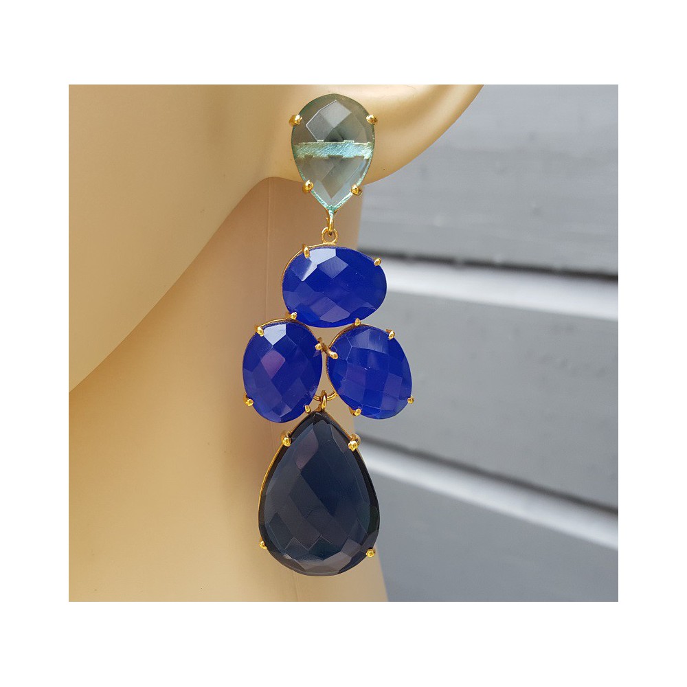 Gold plated earrings with Topaz, Chalcedony and Sapphire blue quartz