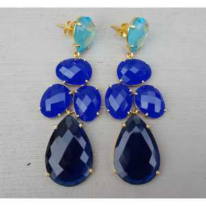 Vergulde oorbellen met Topaas, Chalcedoon en Saffier blauwe quartz