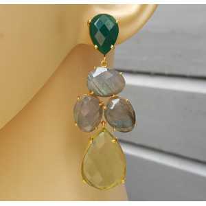 Gold plated earrings with green Onyx, Labradorite, and green Amethyst