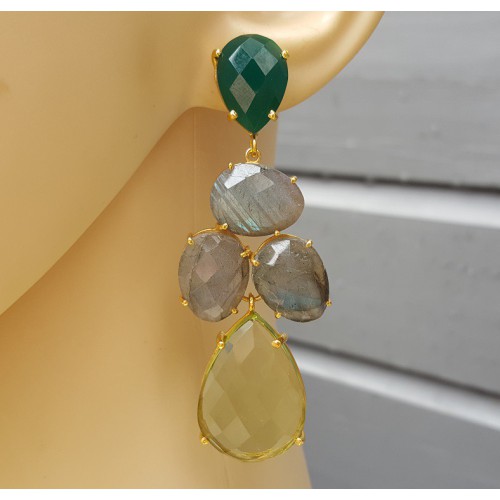 Vergulde oorbellen met groene Onyx, Labradoriet en groene Amethist