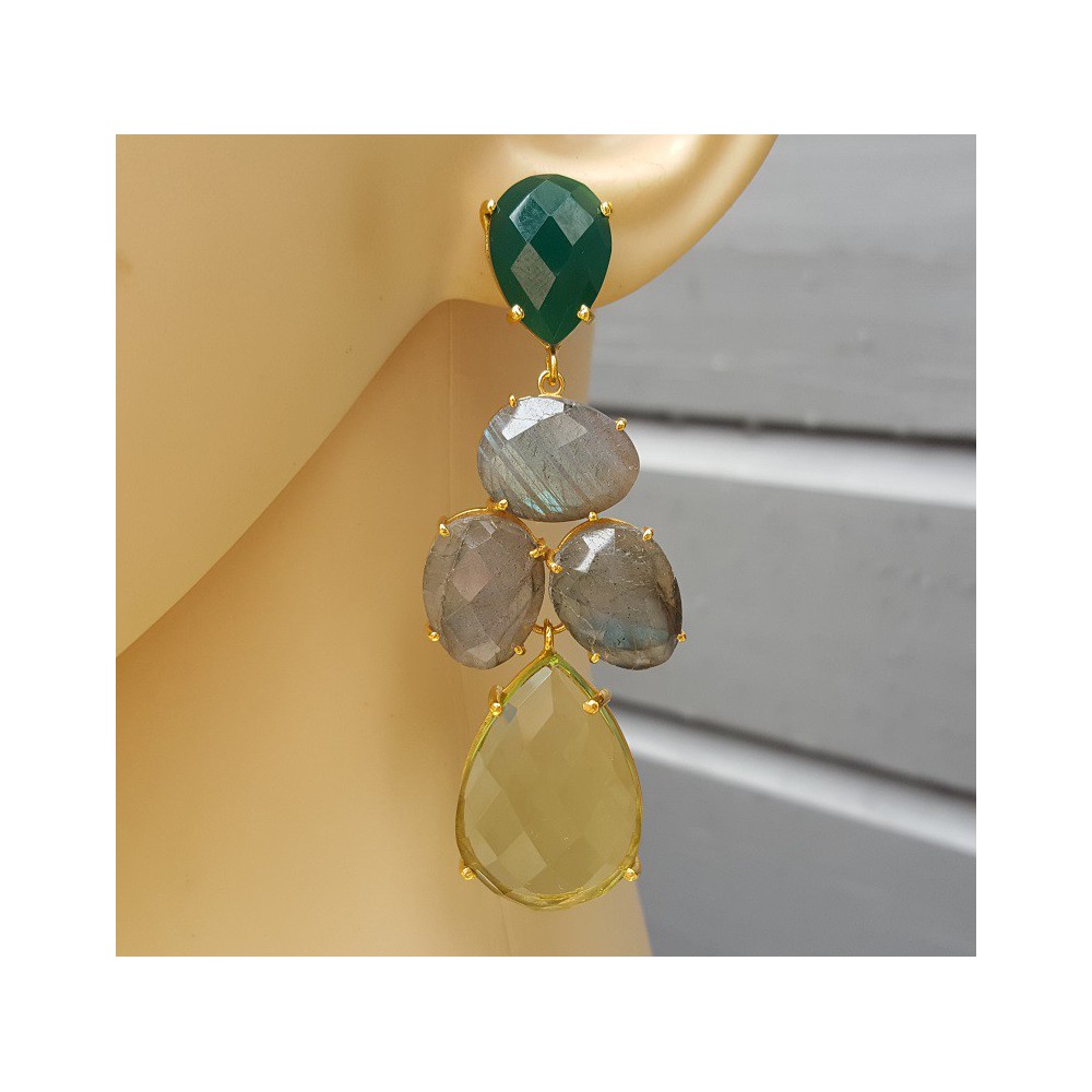 Gold plated earrings with green Onyx, Labradorite, and green Amethyst