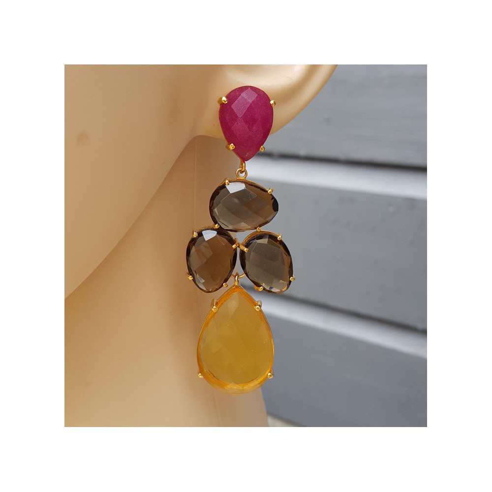 Gold plated earrings with Ruby, Smokey Topaz, and Citrine quartz