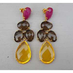 Gold plated earrings with Ruby, Smokey Topaz, and Citrine quartz