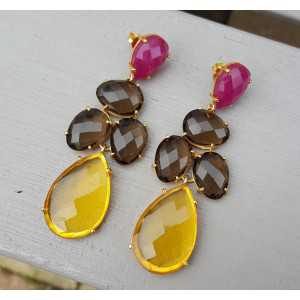 Gold plated earrings with Ruby, Smokey Topaz, and Citrine quartz